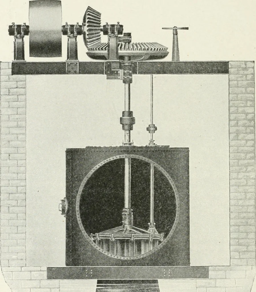 An illustration from Hydraulic engineering; a practical treatise on the principles of water pressure and flow and their application to the development of water power, including the calculation, design and construction of water wheels, turbines, and other details of hydraulic power plants, 1909, leaf 237