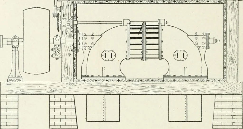 An illustration from Hydraulic engineering; a practical treatise on the principles of water pressure and flow and their application to the development of water power, including the calculation, design and construction of water wheels, turbines, and other details of hydraulic power plants, 1909, leaf 239