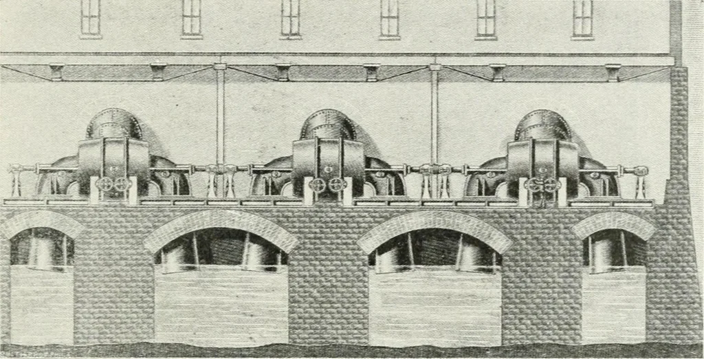 An illustration from Hydraulic engineering; a practical treatise on the principles of water pressure and flow and their application to the development of water power, including the calculation, design and construction of water wheels, turbines, and other details of hydraulic power plants, 1909, leaf 240