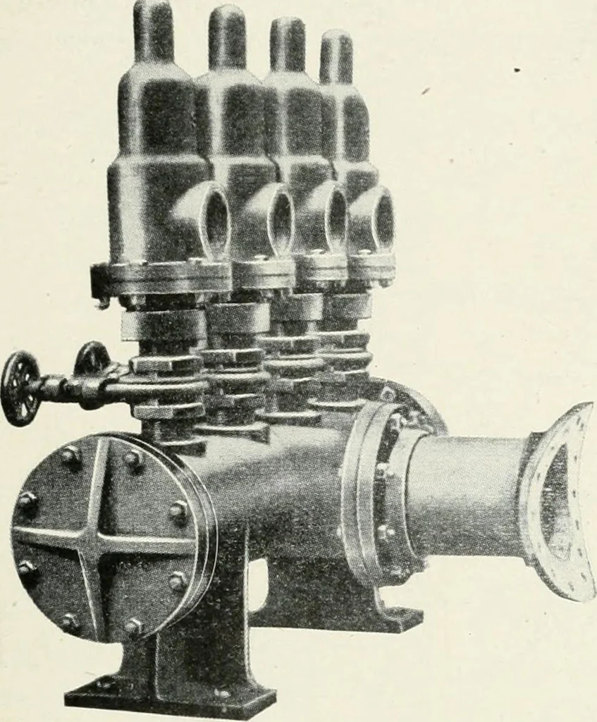 An illustration from Hydraulic engineering; a practical treatise on the principles of water pressure and flow and their application to the development of water power, including the calculation, design and construction of water wheels, turbines, and other details of hydraulic power plants, 1909, leaf 246