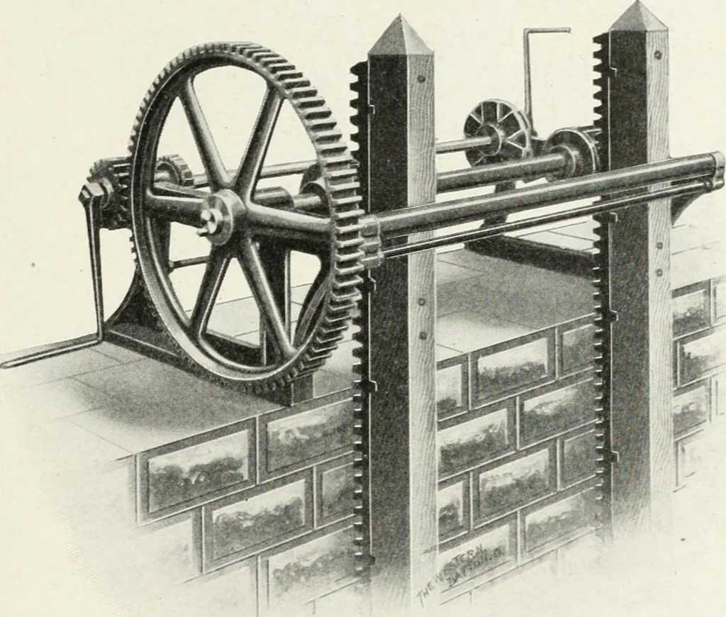 An illustration from Hydraulic engineering; a practical treatise on the principles of water pressure and flow and their application to the development of water power, including the calculation, design and construction of water wheels, turbines, and other details of hydraulic power plants, 1909, leaf 260