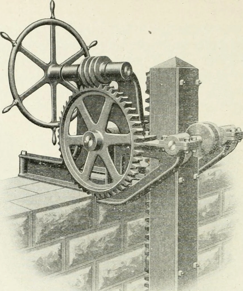 An illustration from Hydraulic engineering; a practical treatise on the principles of water pressure and flow and their application to the development of water power, including the calculation, design and construction of water wheels, turbines, and other details of hydraulic power plants, 1909, leaf 261