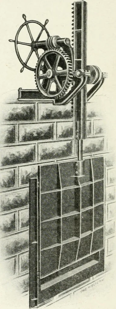 An illustration from Hydraulic engineering; a practical treatise on the principles of water pressure and flow and their application to the development of water power, including the calculation, design and construction of water wheels, turbines, and other details of hydraulic power plants, 1909, leaf 263