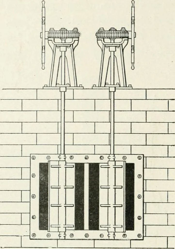 An illustration from Hydraulic engineering; a practical treatise on the principles of water pressure and flow and their application to the development of water power, including the calculation, design and construction of water wheels, turbines, and other details of hydraulic power plants, 1909, leaf 265
