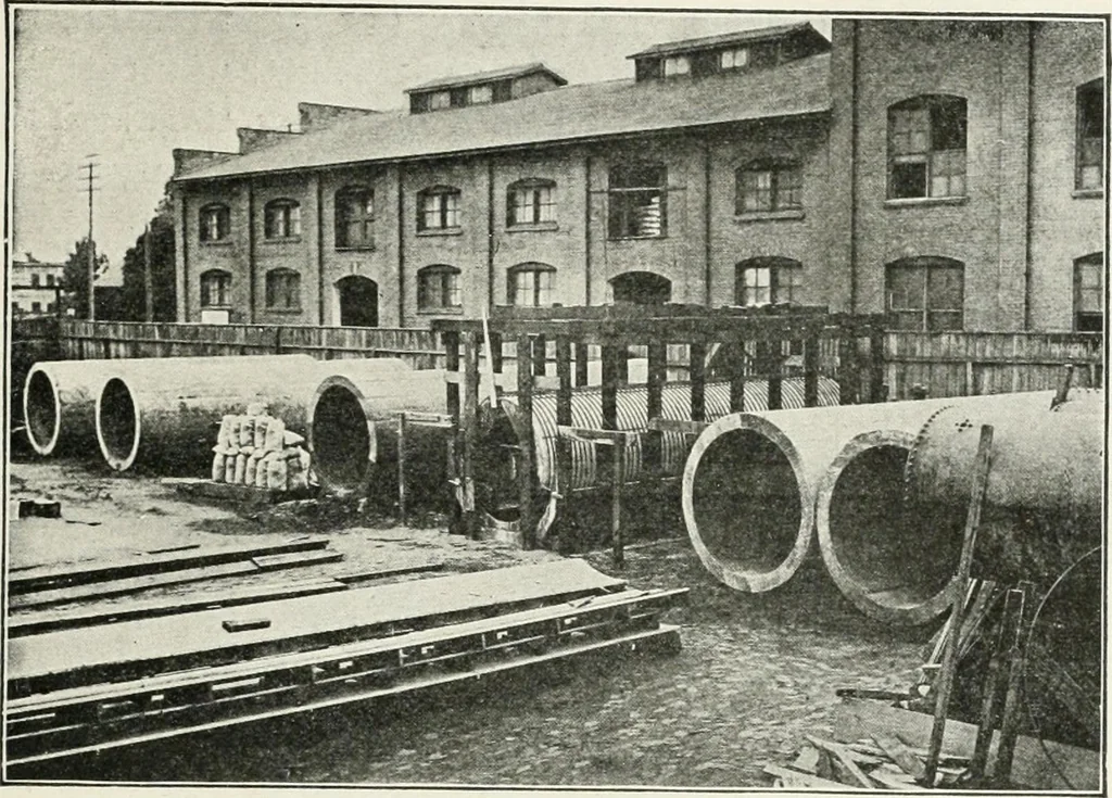 An illustration from Hydraulic engineering; a practical treatise on the principles of water pressure and flow and their application to the development of water power, including the calculation, design and construction of water wheels, turbines, and other details of hydraulic power plants, 1909, leaf 276