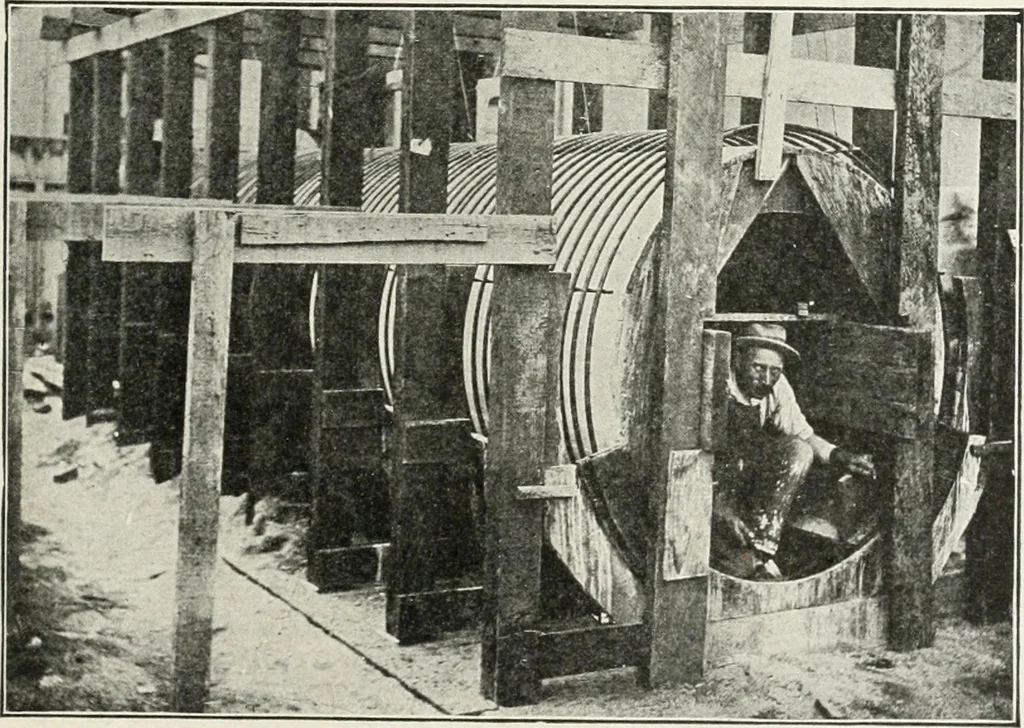 An illustration from Hydraulic engineering; a practical treatise on the principles of water pressure and flow and their application to the development of water power, including the calculation, design and construction of water wheels, turbines, and other details of hydraulic power plants, 1909, leaf 276