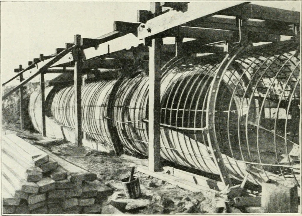 An illustration from Hydraulic engineering; a practical treatise on the principles of water pressure and flow and their application to the development of water power, including the calculation, design and construction of water wheels, turbines, and other details of hydraulic power plants, 1909, leaf 279