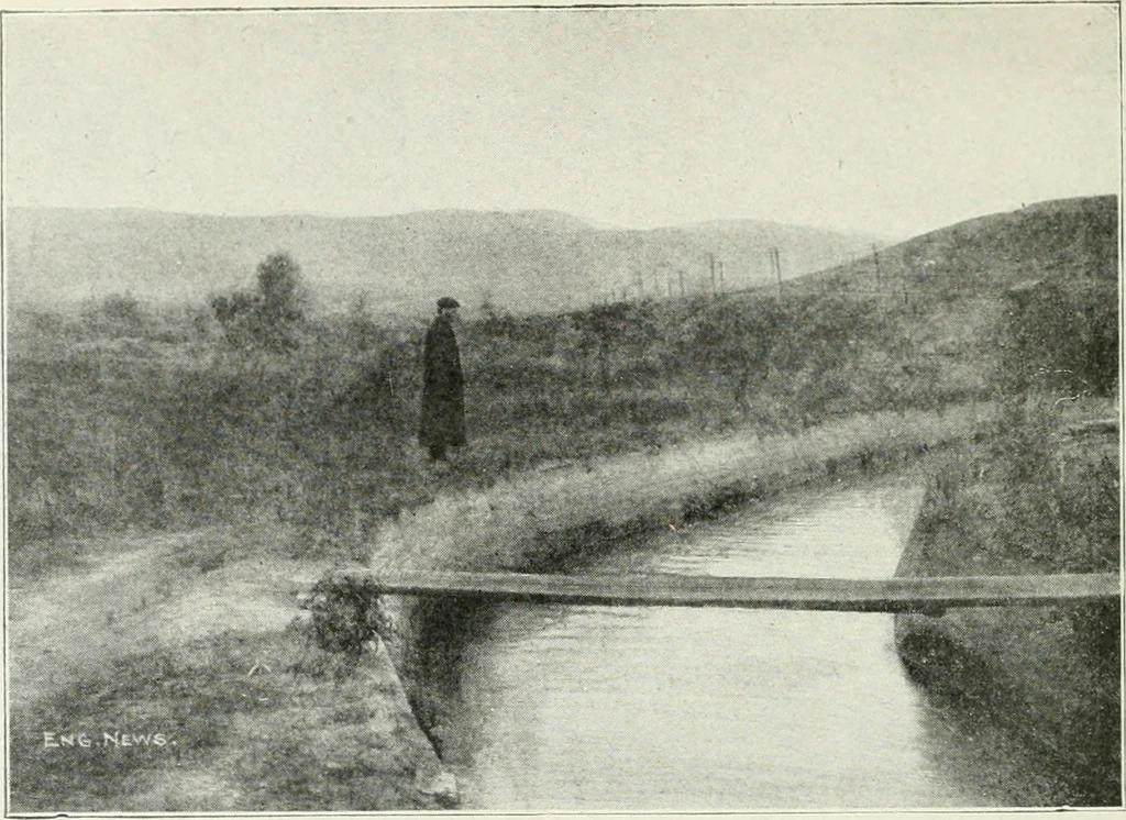 An illustration from Hydraulic engineering; a practical treatise on the principles of water pressure and flow and their application to the development of water power, including the calculation, design and construction of water wheels, turbines, and other details of hydraulic power plants, 1909, leaf 281