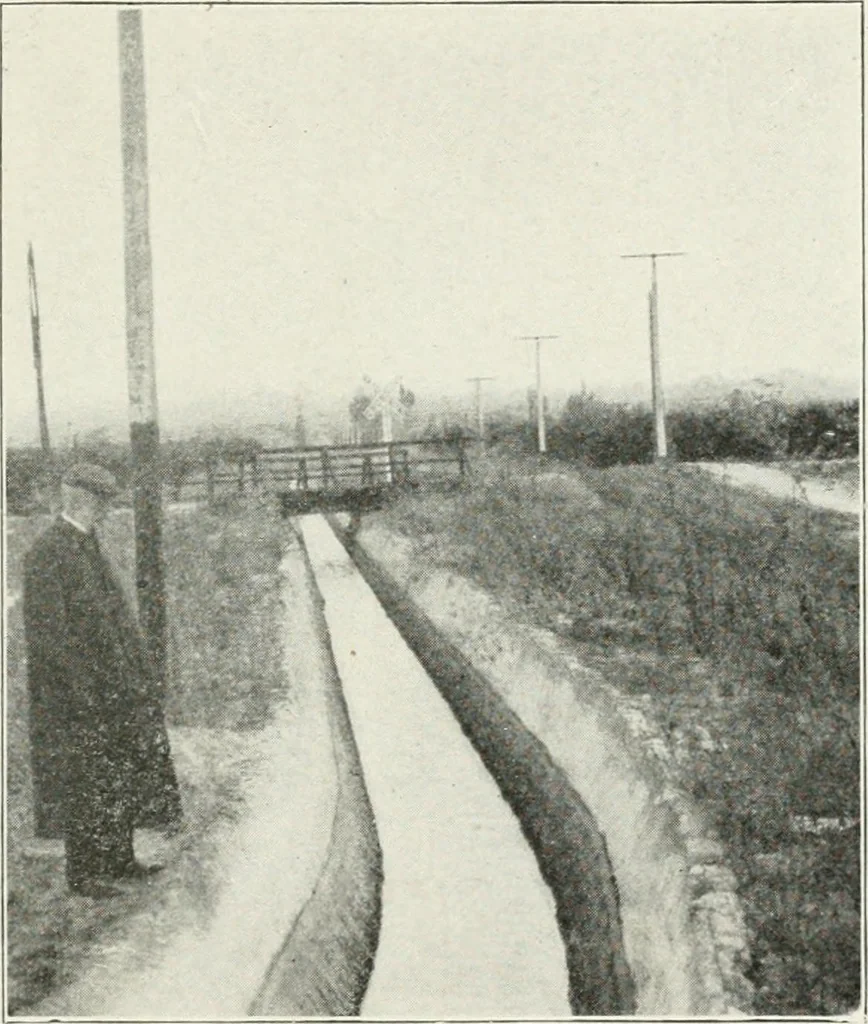 An illustration from Hydraulic engineering; a practical treatise on the principles of water pressure and flow and their application to the development of water power, including the calculation, design and construction of water wheels, turbines, and other details of hydraulic power plants, 1909, leaf 282