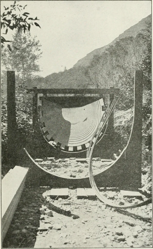 An illustration from Hydraulic engineering; a practical treatise on the principles of water pressure and flow and their application to the development of water power, including the calculation, design and construction of water wheels, turbines, and other details of hydraulic power plants, 1909, leaf 286