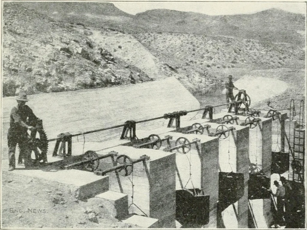 An illustration from Hydraulic engineering; a practical treatise on the principles of water pressure and flow and their application to the development of water power, including the calculation, design and construction of water wheels, turbines, and other details of hydraulic power plants, 1909, leaf 290