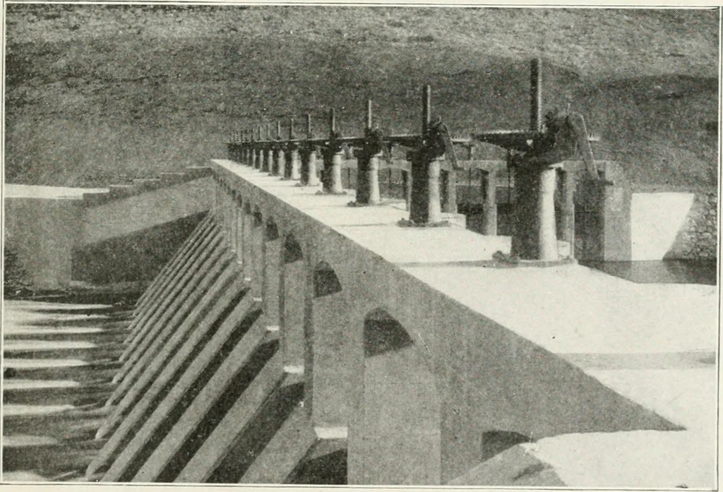 An illustration from Hydraulic engineering; a practical treatise on the principles of water pressure and flow and their application to the development of water power, including the calculation, design and construction of water wheels, turbines, and other details of hydraulic power plants, 1909, leaf 290