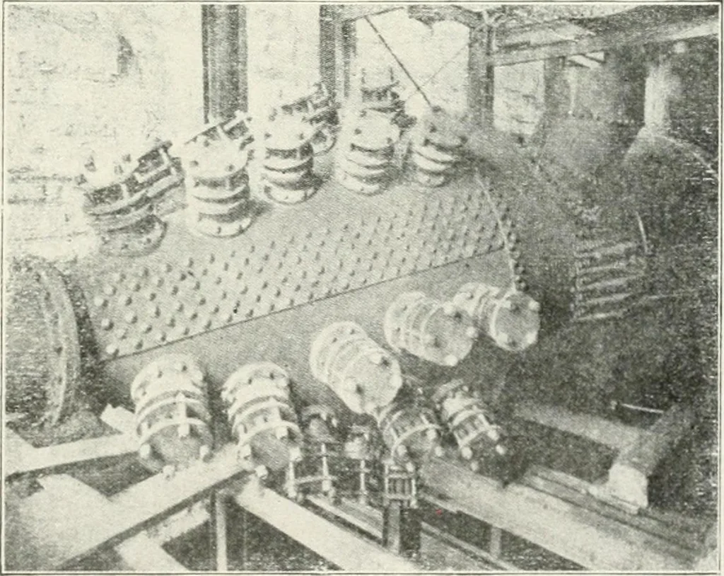 An illustration from Hydraulic engineering; a practical treatise on the principles of water pressure and flow and their application to the development of water power, including the calculation, design and construction of water wheels, turbines, and other details of hydraulic power plants, 1909, leaf 298