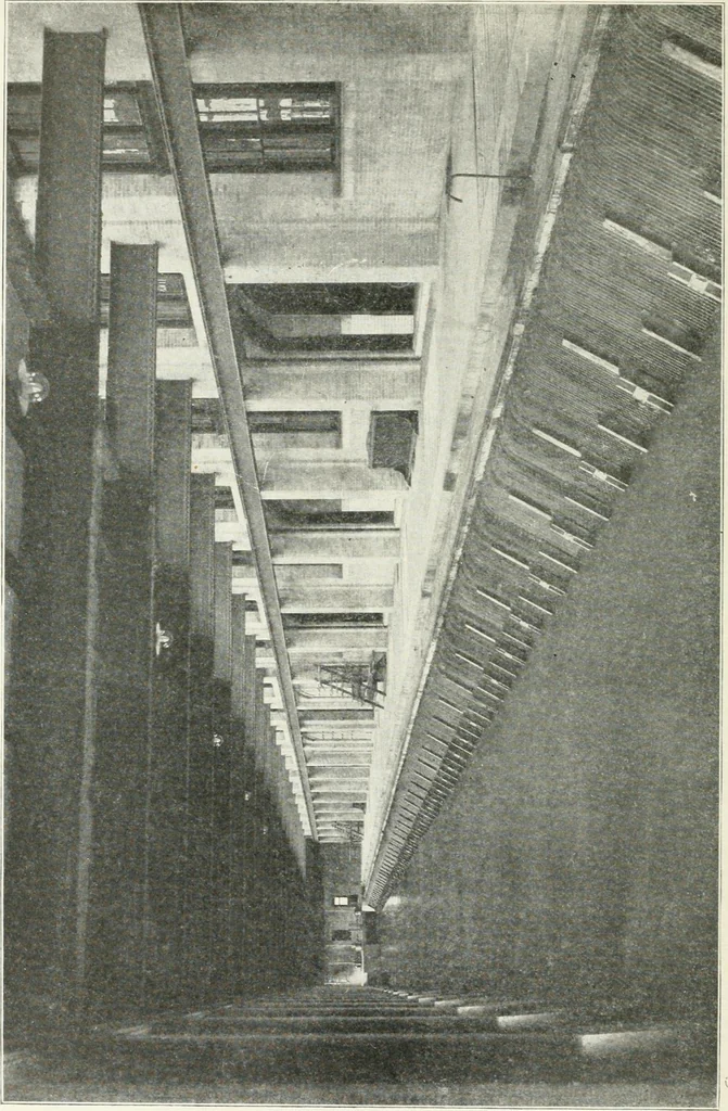 An illustration from Hydraulic engineering; a practical treatise on the principles of water pressure and flow and their application to the development of water power, including the calculation, design and construction of water wheels, turbines, and other details of hydraulic power plants, 1909, leaf 303