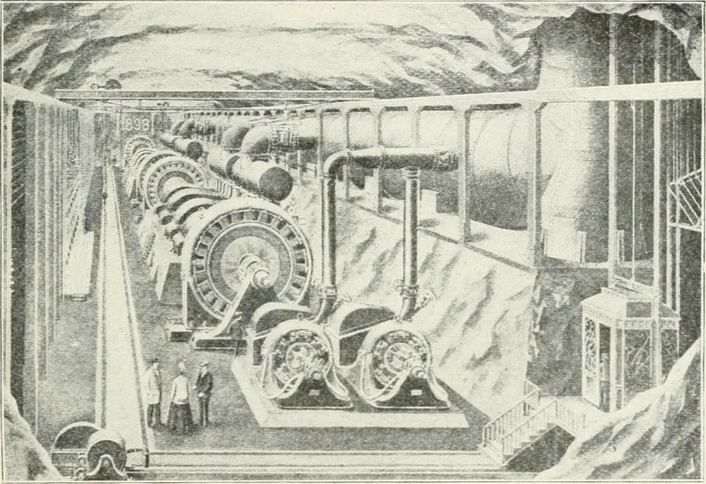An illustration from Hydraulic engineering; a practical treatise on the principles of water pressure and flow and their application to the development of water power, including the calculation, design and construction of water wheels, turbines, and other details of hydraulic power plants, 1909, leaf 326