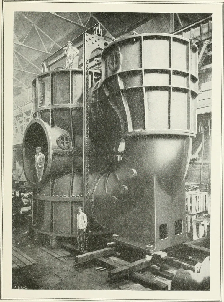 An illustration from Hydraulic engineering; a practical treatise on the principles of water pressure and flow and their application to the development of water power, including the calculation, design and construction of water wheels, turbines, and other details of hydraulic power plants, 1909, leaf 328