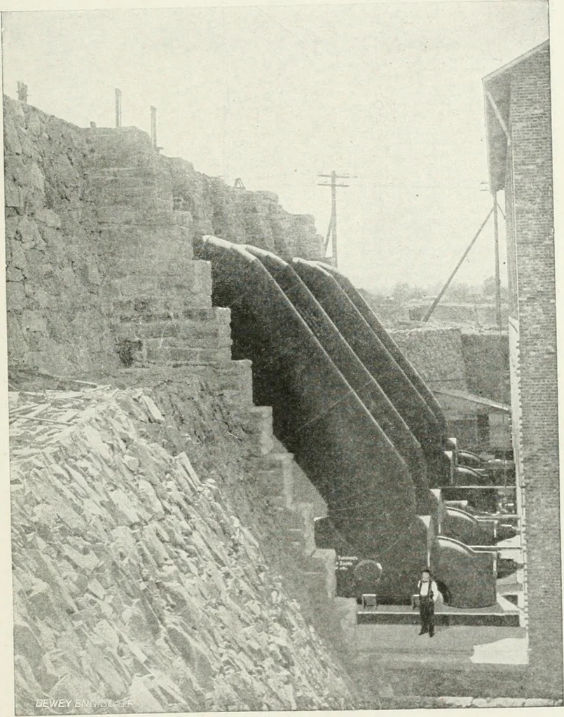 An illustration from Hydraulic engineering; a practical treatise on the principles of water pressure and flow and their application to the development of water power, including the calculation, design and construction of water wheels, turbines, and other details of hydraulic power plants, 1909, leaf 336