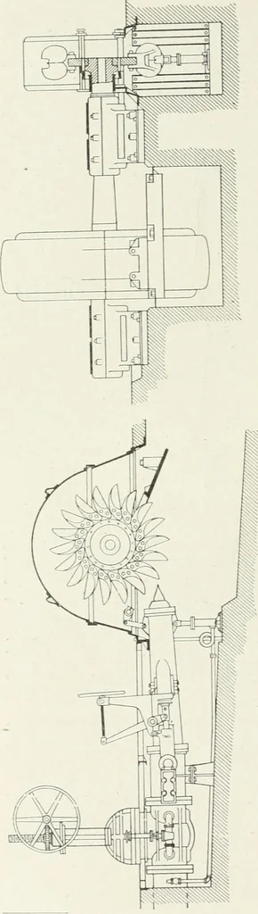 An illustration from Hydraulic engineering; a practical treatise on the principles of water pressure and flow and their application to the development of water power, including the calculation, design and construction of water wheels, turbines, and other details of hydraulic power plants, 1909, leaf 339