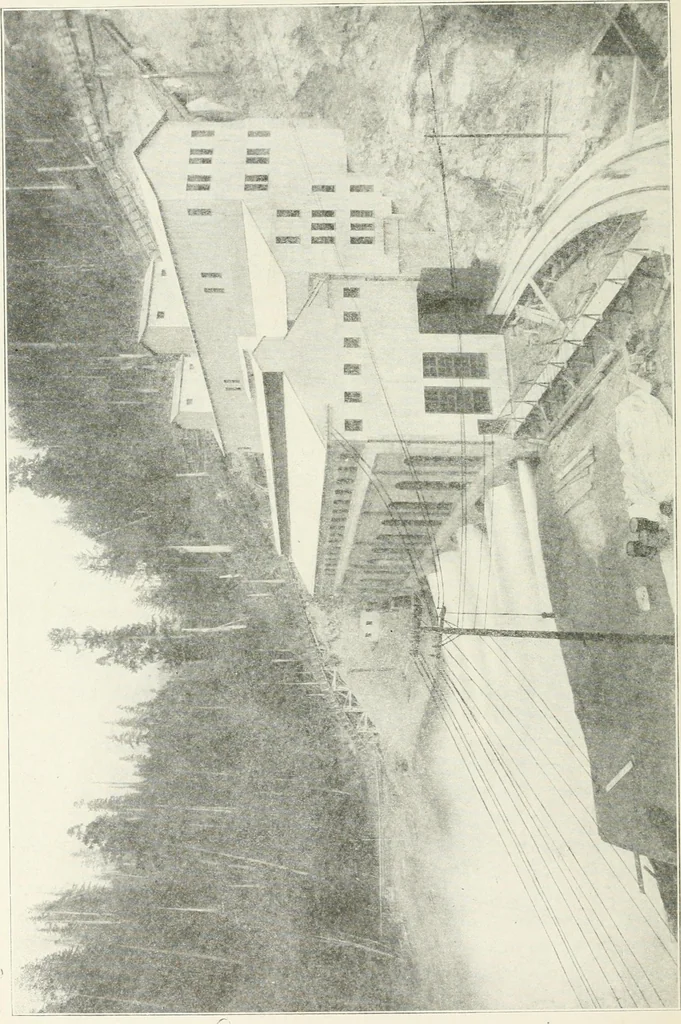 An illustration from Hydraulic engineering; a practical treatise on the principles of water pressure and flow and their application to the development of water power, including the calculation, design and construction of water wheels, turbines, and other details of hydraulic power plants, 1909, leaf 345