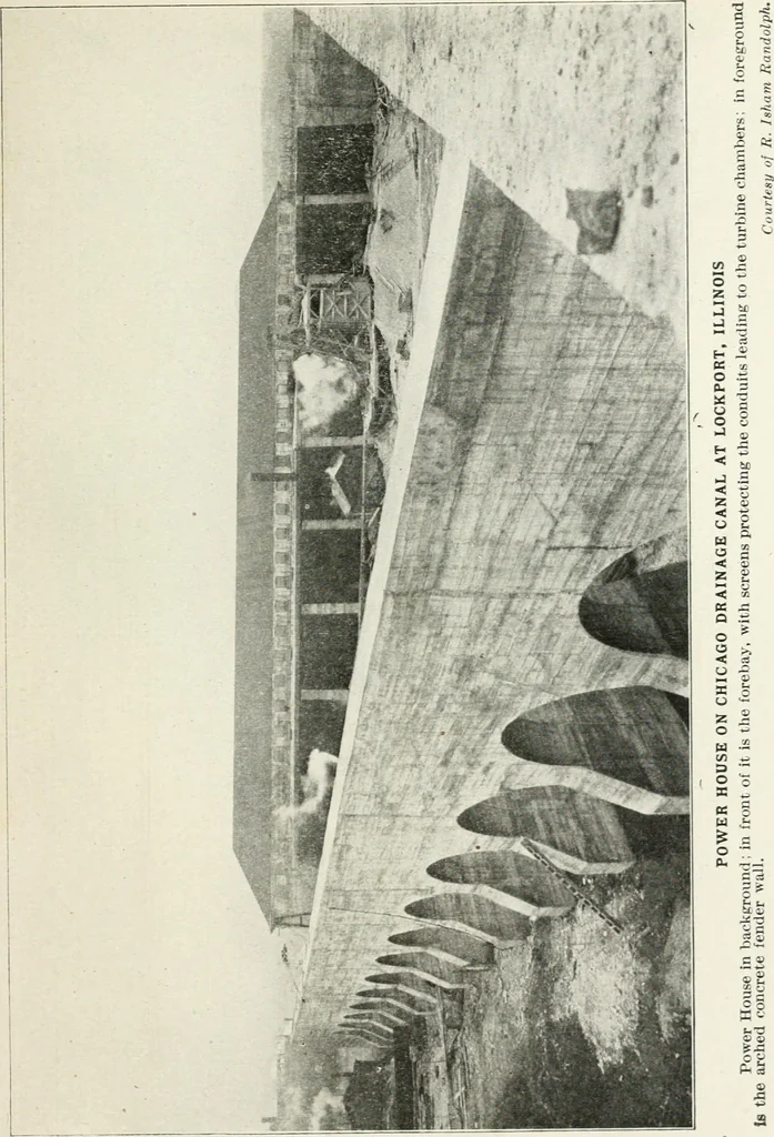 An illustration from Hydraulic engineering; a practical treatise on the principles of water pressure and flow and their application to the development of water power, including the calculation, design and construction of water wheels, turbines, and other details of hydraulic power plants, 1909, leaf 36