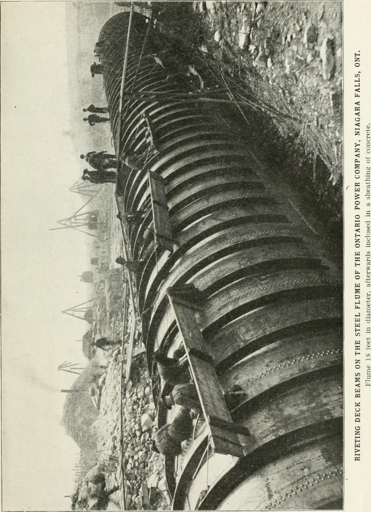 An illustration from Hydraulic engineering; a practical treatise on the principles of water pressure and flow and their application to the development of water power, including the calculation, design and construction of water wheels, turbines, and other details of hydraulic power plants, 1909, leaf 48