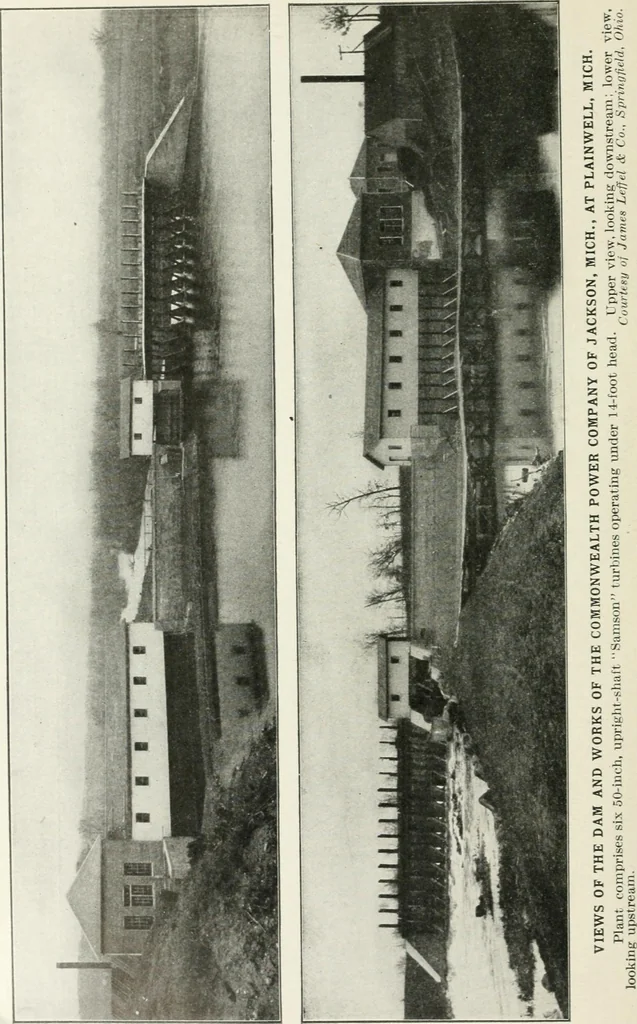 An illustration from Hydraulic engineering; a practical treatise on the principles of water pressure and flow and their application to the development of water power, including the calculation, design and construction of water wheels, turbines, and other details of hydraulic power plants, 1909, leaf 55