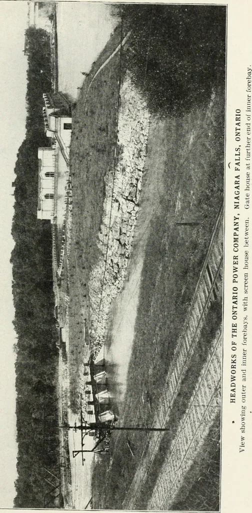 An illustration from Hydraulic engineering; a practical treatise on the principles of water pressure and flow and their application to the development of water power, including the calculation, design and construction of water wheels, turbines, and other details of hydraulic power plants, 1909, leaf 84
