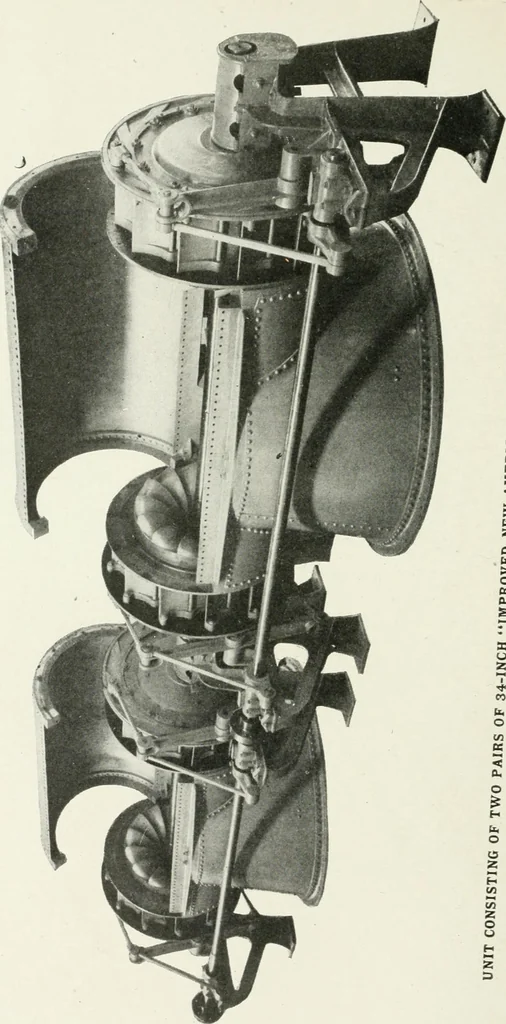 An illustration from Hydraulic engineering; a practical treatise on the principles of water pressure and flow and their application to the development of water power, including the calculation, design and construction of water wheels, turbines, and other details of hydraulic power plants, 1909, leaf 99