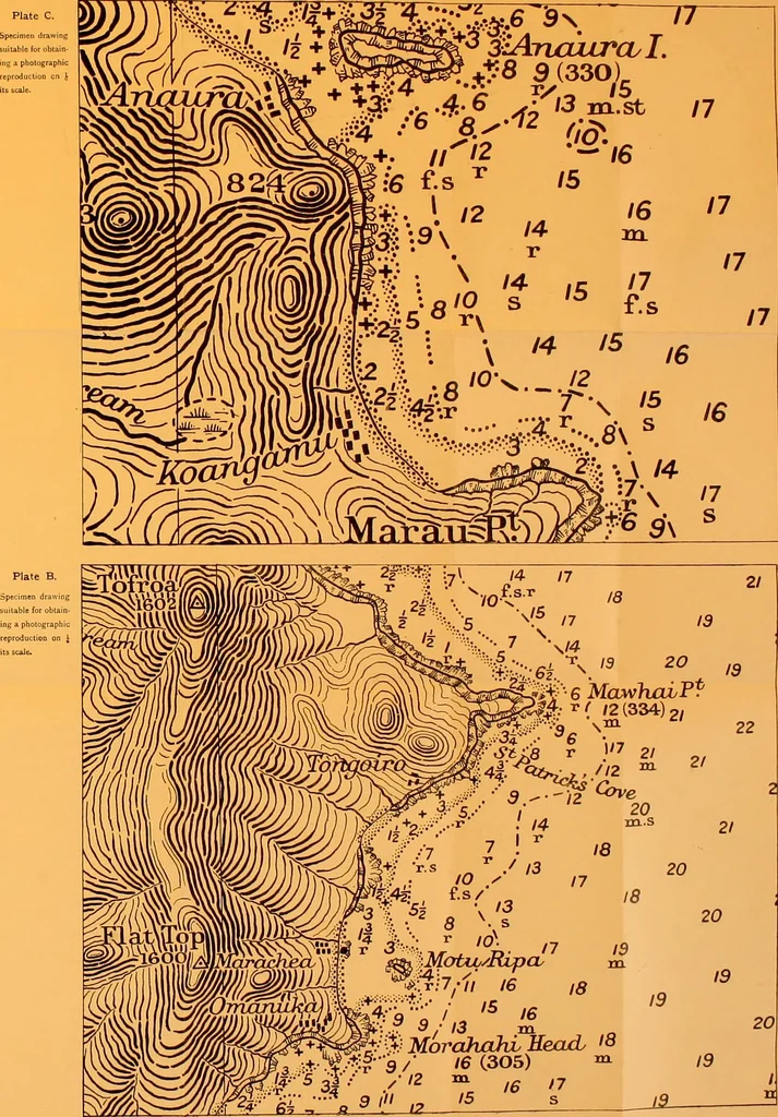An illustration from Hydrographical surveying : a description of means and methods employed in constructing marine charts, 1920, leaf 602