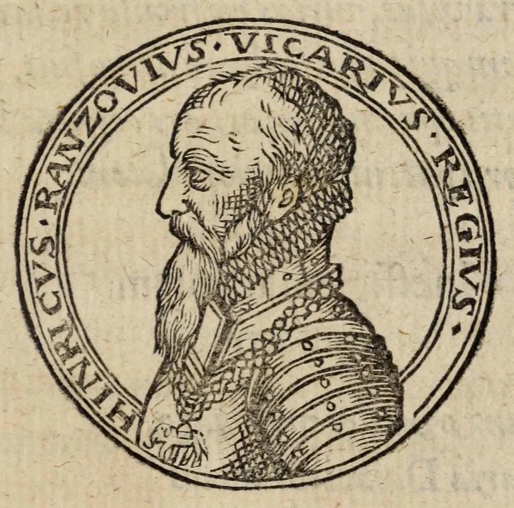 An illustration from Hypotyposis arcivm, palatiorum, librorum, pyramidum, obeliscorum, cipporum, molarum, fontium, monumentorum & epitaphiorum, ab illustri & strenuo viro Henrico Ranzovio, prorege & equite Holsato, conditorum : cum nonnullis eorum ectypis ligneis, & in fine additis epigrammatibus, 1591, leaf 207