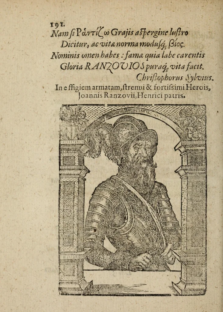 An illustration from Hypotyposis arcivm, palatiorum, librorum, pyramidum, obeliscorum, cipporum, molarum, fontium, monumentorum & epitaphiorum, ab illustri & strenuo viro Henrico Ranzovio, prorege & equite Holsato, conditorum : cum nonnullis eorum ectypis ligneis, & in fine additis epigrammatibus, 1591, leaf 216