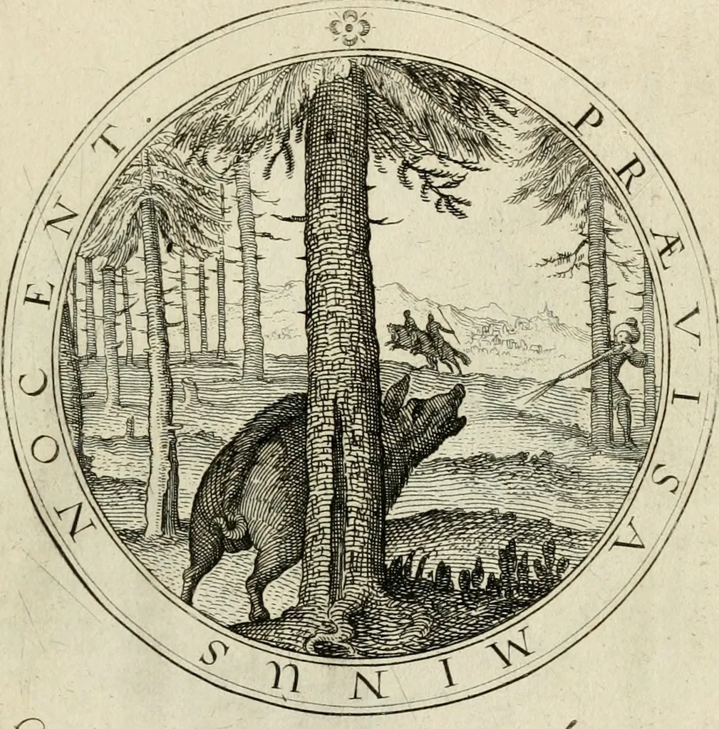 An illustration from Iacobi â Bruck Angermundt cogn. Sil. Emblemata moralia & bellica : nunc recens in lucem edita, 1615, leaf 100