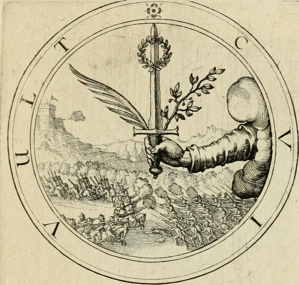 An illustration from Iacobi â Bruck Angermundt cogn. Sil. Emblemata moralia & bellica : nunc recens in lucem edita, 1615, leaf 122