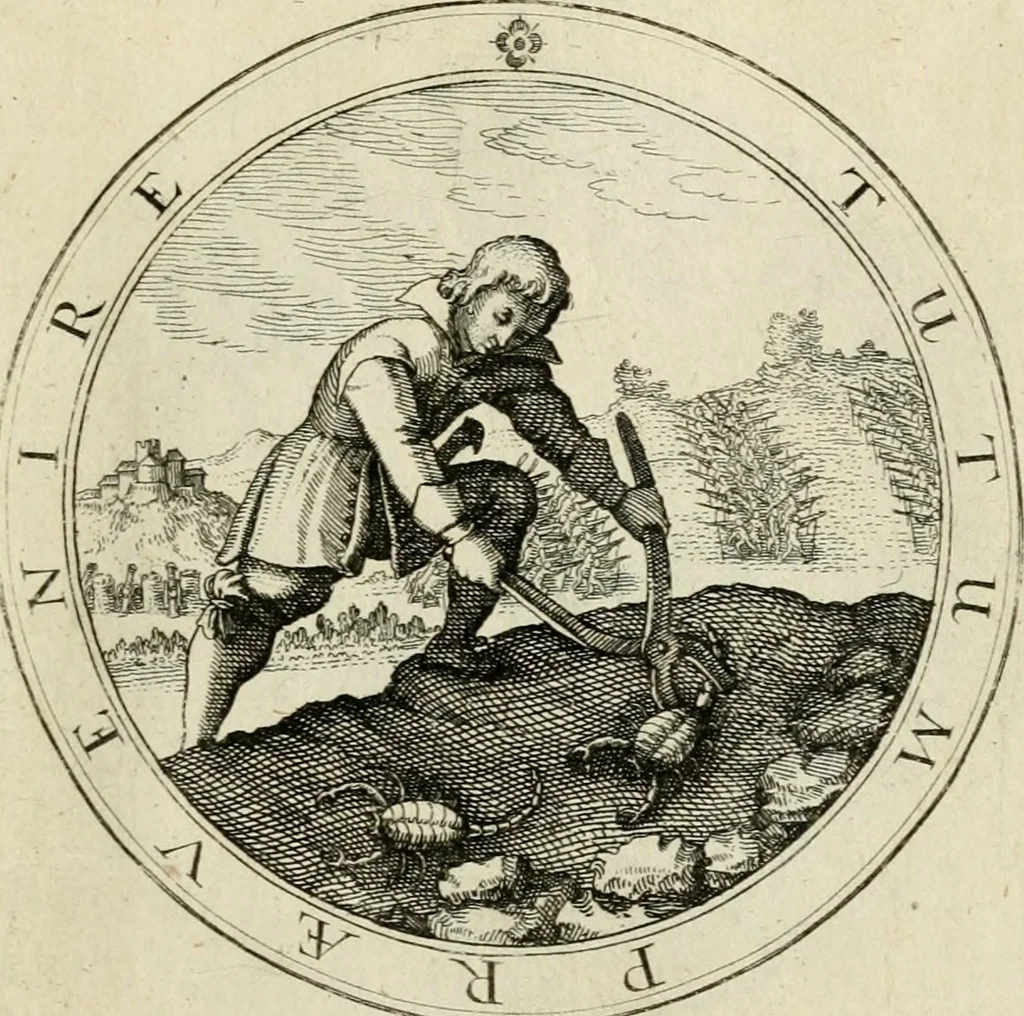 An illustration from Iacobi â Bruck Angermundt cogn. Sil. Emblemata moralia & bellica : nunc recens in lucem edita, 1615, leaf 98