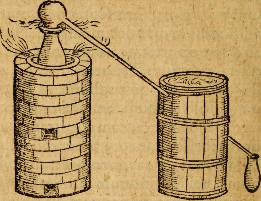 An illustration from Iacobi Bessoni De absoluta ratione extrahendi olea, & aquas è medicamentis simplicibus : accepta olim à quodam empirico, postea uero ab eodem Bessono locupletata, & rationibus experime[n]tisq[ue] confirmata, liber, 1559, leaf 23