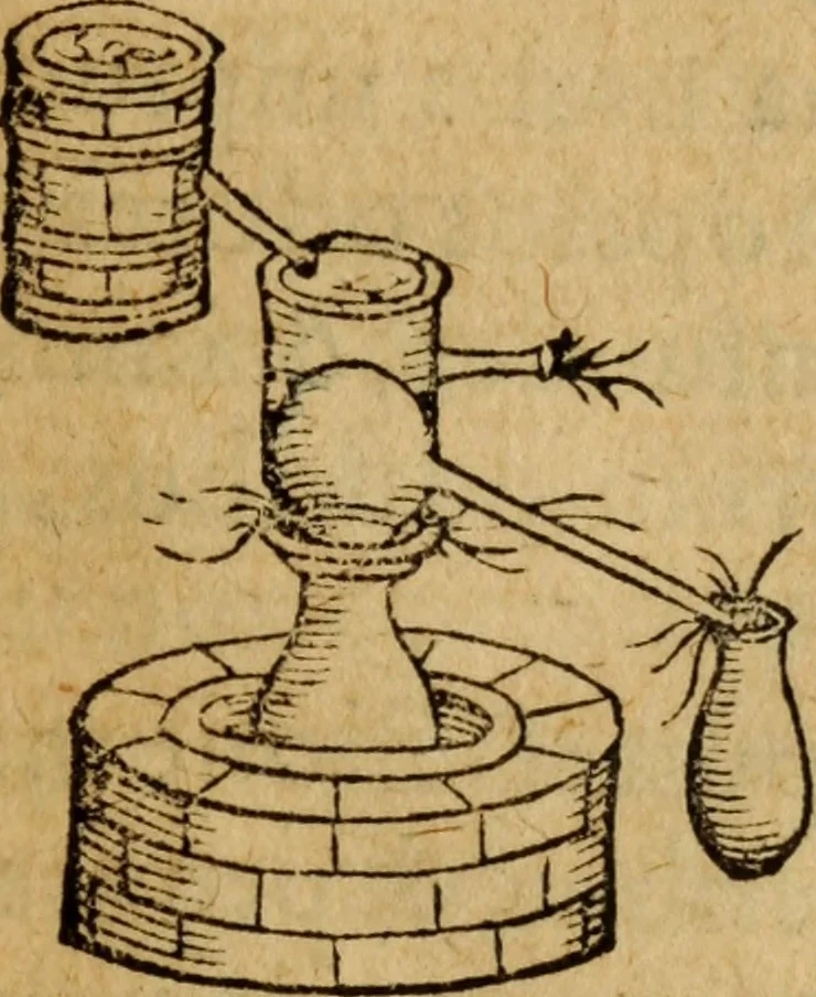 An illustration from Iacobi Bessoni De absoluta ratione extrahendi olea, & aquas è medicamentis simplicibus : accepta olim à quodam empirico, postea uero ab eodem Bessono locupletata, & rationibus experime[n]tisq[ue] confirmata, liber, 1559, leaf 32