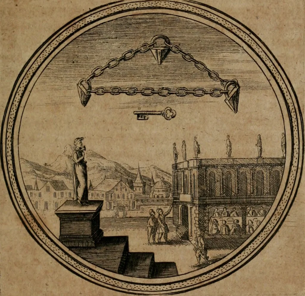 An illustration from Iacobi â Bruck Angermunt cogn. Emblemata Politica : Quibus ea, quæ ad principatum spectant, breviter demonstrantur, singuloru[m] verò explicatio fusius proponitur ; Opus novum, 1618, leaf 94