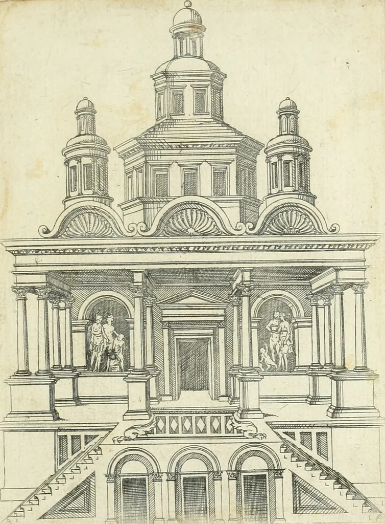 An illustration from Iacobvs Androvetivs dv Cerceav lectoribvs s. Qvoniam apvd veteres alio strvctvræ genere templa fvervnt ædificata, qvam ea qve nostra ætate passim conspicivntur : non inivicvndvm fore studiosis amtiqvitatis, nec a meo institvto alienvm existimavi : si formam ipsam et tanqvam faciem illorvm videndam qvibvslibet exhiberem. .., 1550, leaf 10