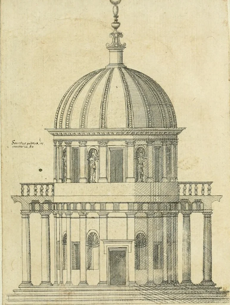 An illustration from Iacobvs Androvetivs dv Cerceav lectoribvs s. Qvoniam apvd veteres alio strvctvræ genere templa fvervnt ædificata, qvam ea qve nostra ætate passim conspicivntur : non inivicvndvm fore studiosis amtiqvitatis, nec a meo institvto alienvm existimavi : si formam ipsam et tanqvam faciem illorvm videndam qvibvslibet exhiberem. .., 1550, leaf 12