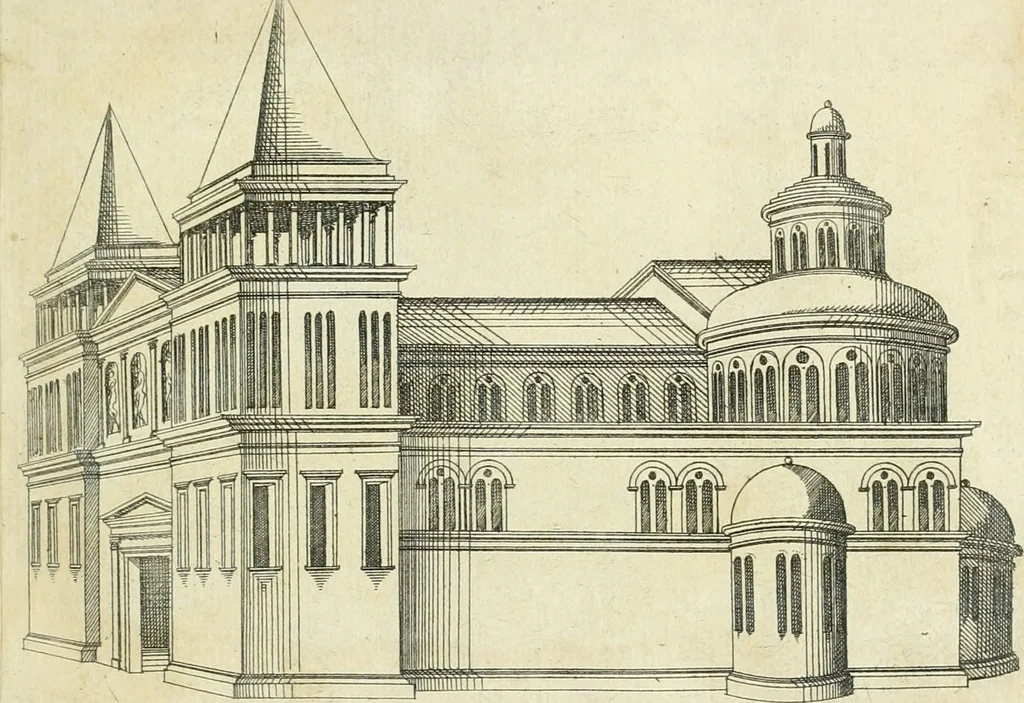 An illustration from Iacobvs Androvetivs dv Cerceav lectoribvs s. Qvoniam apvd veteres alio strvctvræ genere templa fvervnt ædificata, qvam ea qve nostra ætate passim conspicivntur : non inivicvndvm fore studiosis amtiqvitatis, nec a meo institvto alienvm existimavi : si formam ipsam et tanqvam faciem illorvm videndam qvibvslibet exhiberem. .., 1550, leaf 14