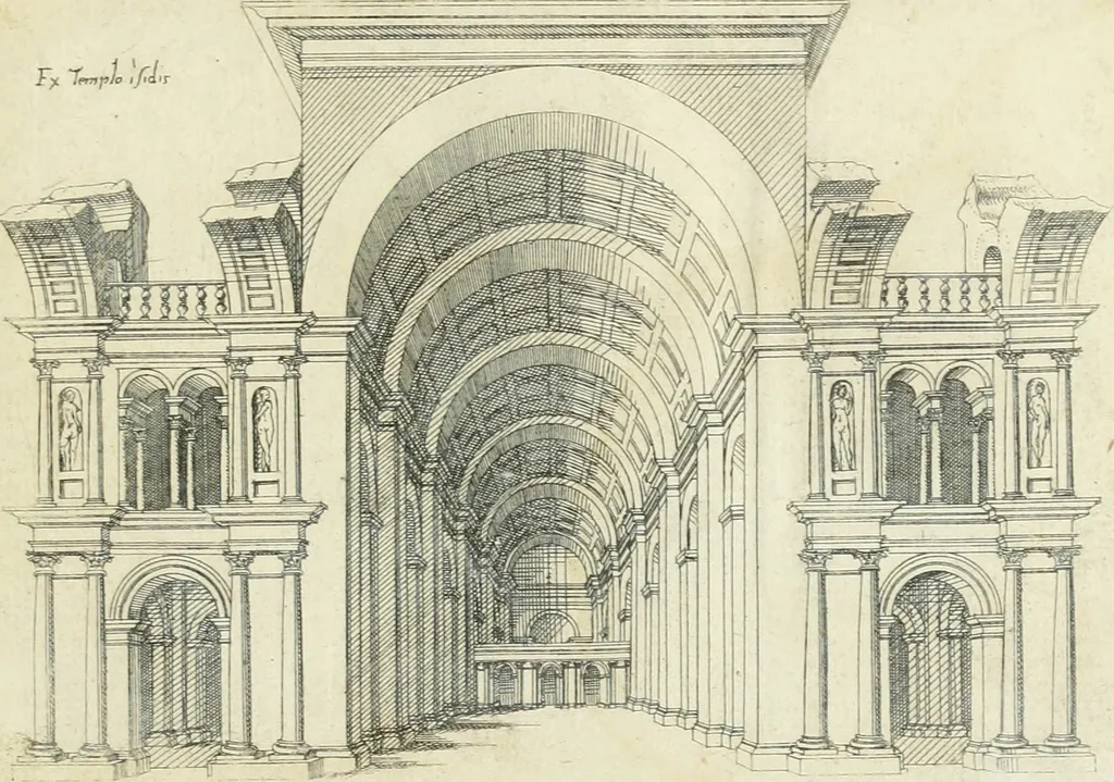 An illustration from Iacobvs Androvetivs dv Cerceav lectoribvs s. Qvoniam apvd veteres alio strvctvræ genere templa fvervnt ædificata, qvam ea qve nostra ætate passim conspicivntur : non inivicvndvm fore studiosis amtiqvitatis, nec a meo institvto alienvm existimavi : si formam ipsam et tanqvam faciem illorvm videndam qvibvslibet exhiberem. .., 1550, leaf 18
