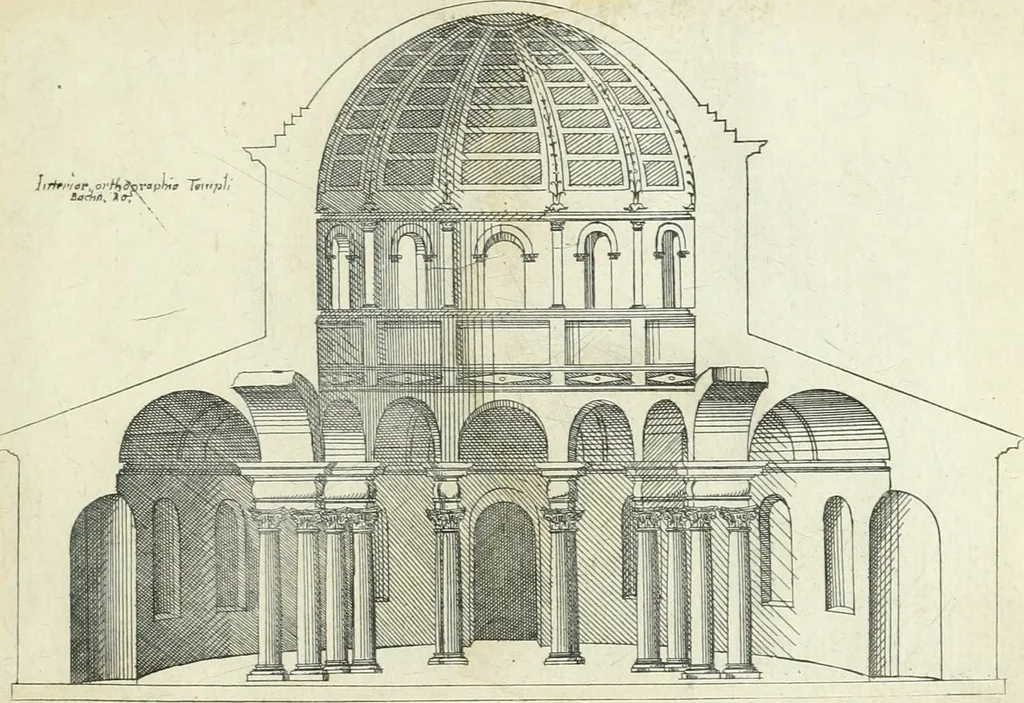 An illustration from Iacobvs Androvetivs dv Cerceav lectoribvs s. Qvoniam apvd veteres alio strvctvræ genere templa fvervnt ædificata, qvam ea qve nostra ætate passim conspicivntur : non inivicvndvm fore studiosis amtiqvitatis, nec a meo institvto alienvm existimavi : si formam ipsam et tanqvam faciem illorvm videndam qvibvslibet exhiberem. .., 1550, leaf 20