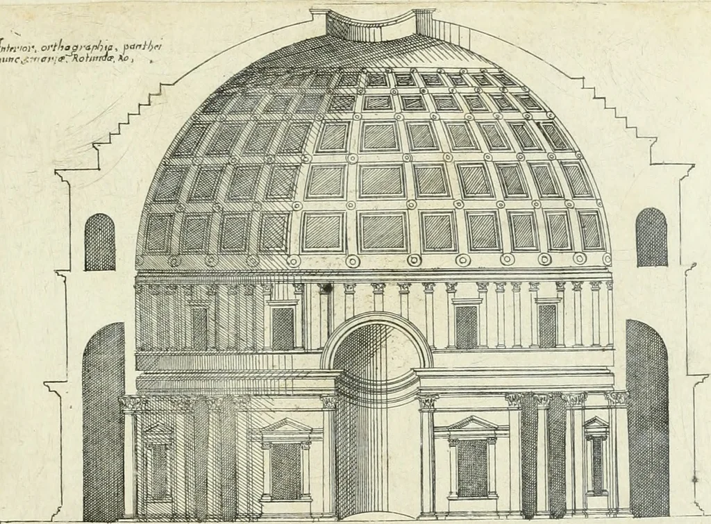 An illustration from Iacobvs Androvetivs dv Cerceav lectoribvs s. Qvoniam apvd veteres alio strvctvræ genere templa fvervnt ædificata, qvam ea qve nostra ætate passim conspicivntur : non inivicvndvm fore studiosis amtiqvitatis, nec a meo institvto alienvm existimavi : si formam ipsam et tanqvam faciem illorvm videndam qvibvslibet exhiberem. .., 1550, leaf 22