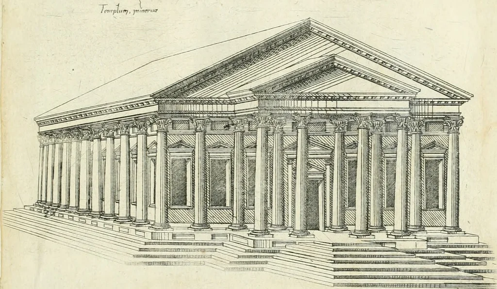 An illustration from Iacobvs Androvetivs dv Cerceav lectoribvs s. Qvoniam apvd veteres alio strvctvræ genere templa fvervnt ædificata, qvam ea qve nostra ætate passim conspicivntur : non inivicvndvm fore studiosis amtiqvitatis, nec a meo institvto alienvm existimavi : si formam ipsam et tanqvam faciem illorvm videndam qvibvslibet exhiberem. .., 1550, leaf 24