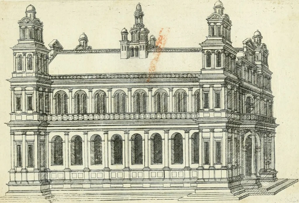 An illustration from Iacobvs Androvetivs dv Cerceav lectoribvs s. Qvoniam apvd veteres alio strvctvræ genere templa fvervnt ædificata, qvam ea qve nostra ætate passim conspicivntur : non inivicvndvm fore studiosis amtiqvitatis, nec a meo institvto alienvm existimavi : si formam ipsam et tanqvam faciem illorvm videndam qvibvslibet exhiberem. .., 1550, leaf 26