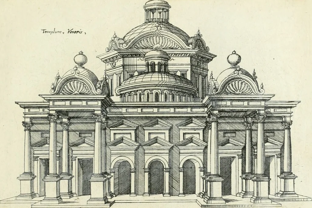 An illustration from Iacobvs Androvetivs dv Cerceav lectoribvs s. Qvoniam apvd veteres alio strvctvræ genere templa fvervnt ædificata, qvam ea qve nostra ætate passim conspicivntur : non inivicvndvm fore studiosis amtiqvitatis, nec a meo institvto alienvm existimavi : si formam ipsam et tanqvam faciem illorvm videndam qvibvslibet exhiberem. .., 1550, leaf 28