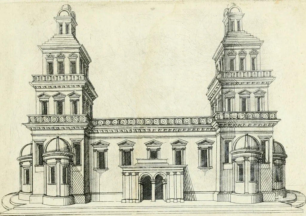 An illustration from Iacobvs Androvetivs dv Cerceav lectoribvs s. Qvoniam apvd veteres alio strvctvræ genere templa fvervnt ædificata, qvam ea qve nostra ætate passim conspicivntur : non inivicvndvm fore studiosis amtiqvitatis, nec a meo institvto alienvm existimavi : si formam ipsam et tanqvam faciem illorvm videndam qvibvslibet exhiberem. .., 1550, leaf 30
