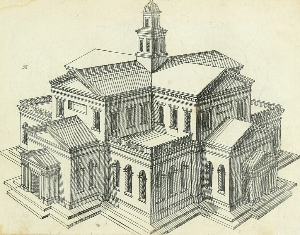 An illustration from Iacobvs Androvetivs dv Cerceav lectoribvs s. Qvoniam apvd veteres alio strvctvræ genere templa fvervnt ædificata, qvam ea qve nostra ætate passim conspicivntur : non inivicvndvm fore studiosis amtiqvitatis, nec a meo institvto alienvm existimavi : si formam ipsam et tanqvam faciem illorvm videndam qvibvslibet exhiberem. .., 1550, leaf 32