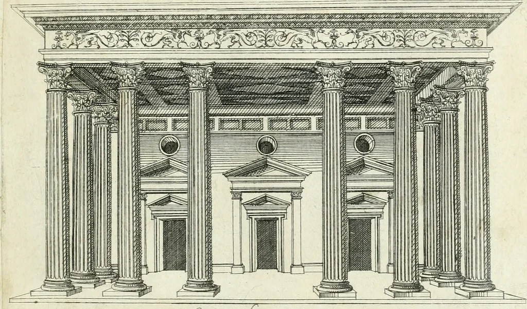 An illustration from Iacobvs Androvetivs dv Cerceav lectoribvs s. Qvoniam apvd veteres alio strvctvræ genere templa fvervnt ædificata, qvam ea qve nostra ætate passim conspicivntur : non inivicvndvm fore studiosis amtiqvitatis, nec a meo institvto alienvm existimavi : si formam ipsam et tanqvam faciem illorvm videndam qvibvslibet exhiberem. .., 1550, leaf 34