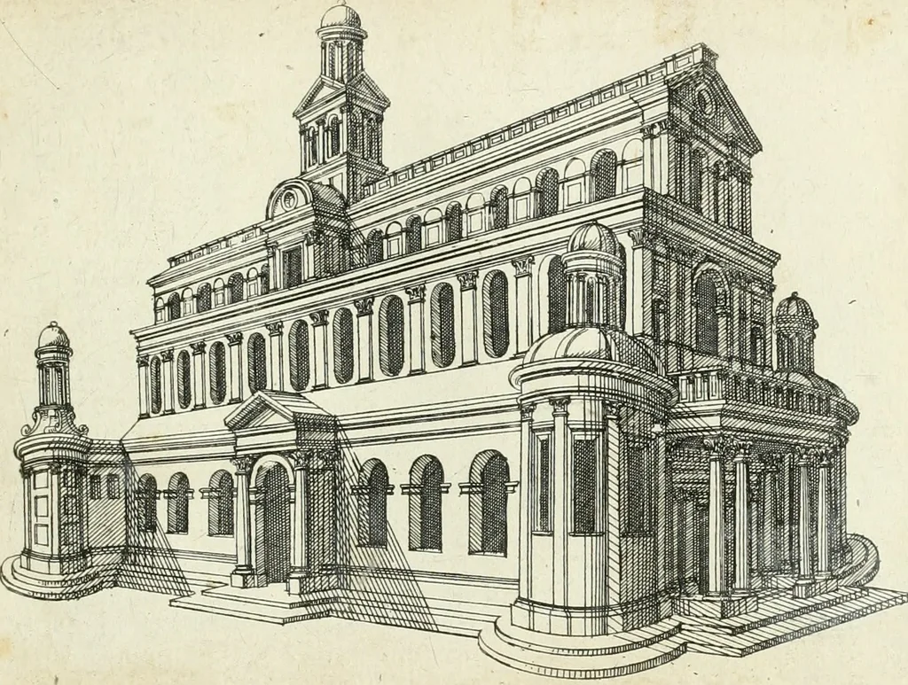 An illustration from Iacobvs Androvetivs dv Cerceav lectoribvs s. Qvoniam apvd veteres alio strvctvræ genere templa fvervnt ædificata, qvam ea qve nostra ætate passim conspicivntur : non inivicvndvm fore studiosis amtiqvitatis, nec a meo institvto alienvm existimavi : si formam ipsam et tanqvam faciem illorvm videndam qvibvslibet exhiberem. .., 1550, leaf 36